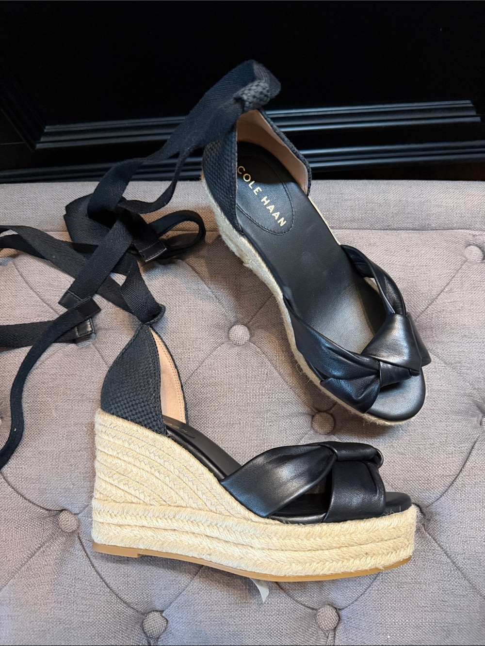 Cole Haan Black Leather Espadrille Wedge Sandals with Ankle Wrap